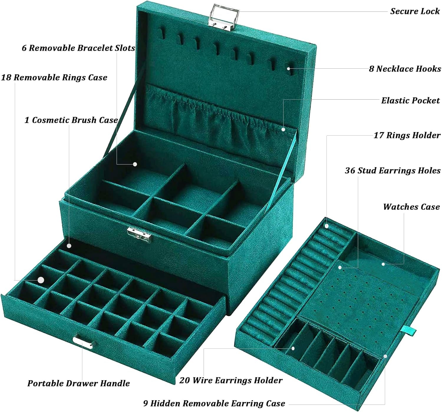 Jewelry Boxes for Women Green Velvet Jewelry Organizer with Lock,Teen Jewelry Organizers and Storage Earring and Necklace Holder Organizer Box Womens Jewelry Box for Necklaces Earrings Rings Bracelets