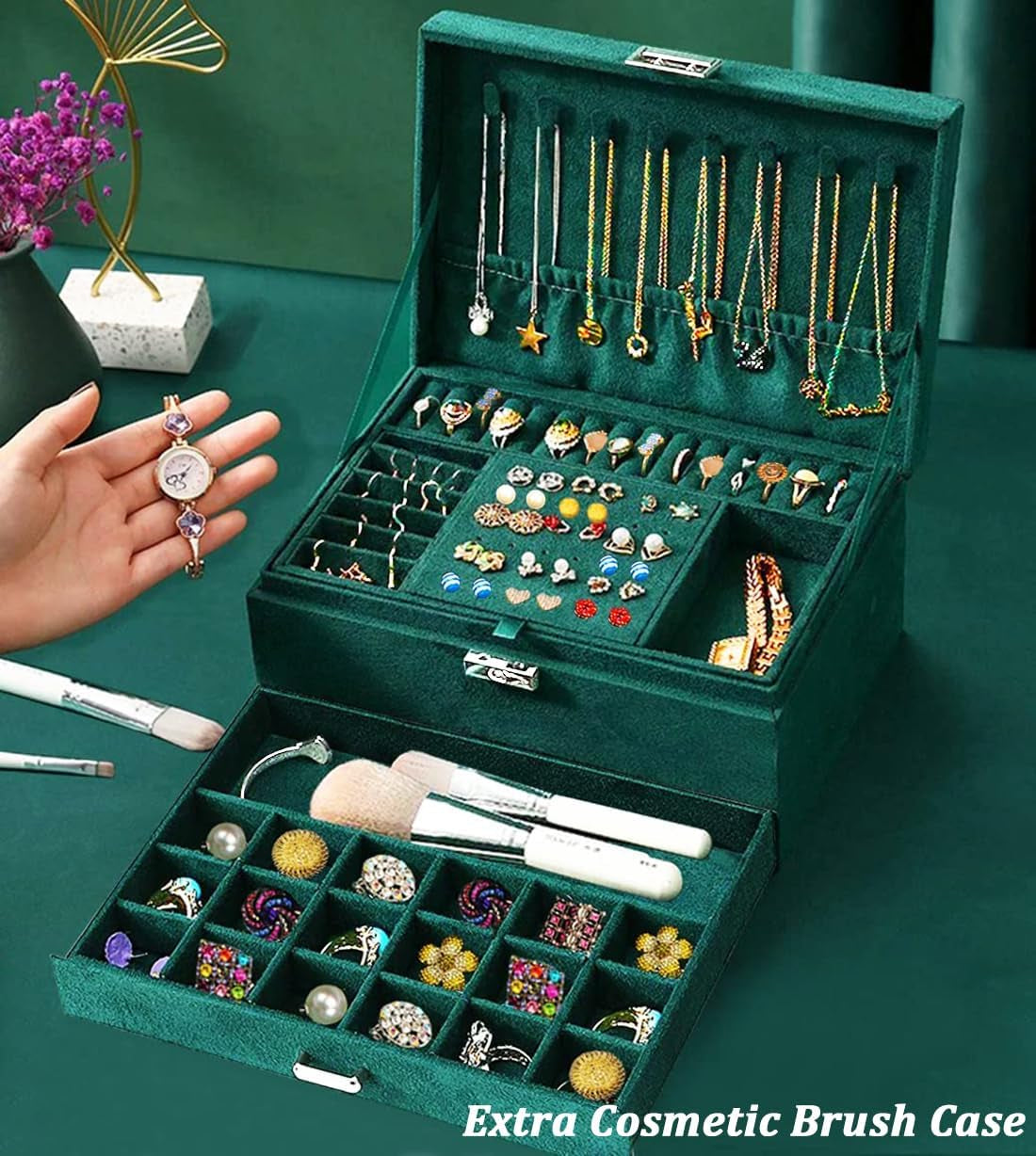 Jewelry Boxes for Women Green Velvet Jewelry Organizer with Lock,Teen Jewelry Organizers and Storage Earring and Necklace Holder Organizer Box Womens Jewelry Box for Necklaces Earrings Rings Bracelets