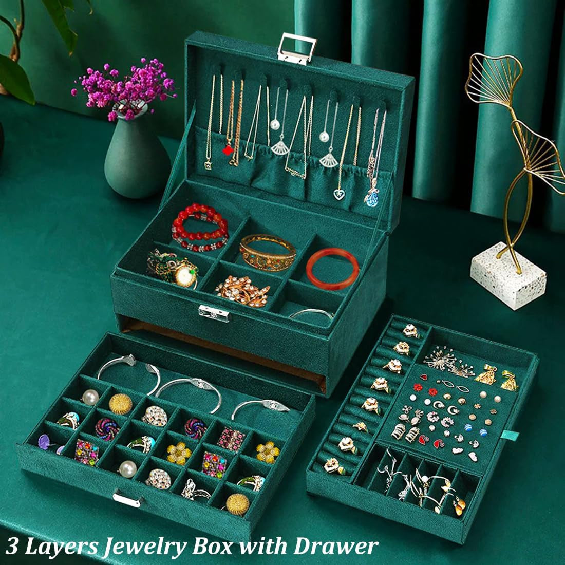 Jewelry Boxes for Women Green Velvet Jewelry Organizer with Lock,Teen Jewelry Organizers and Storage Earring and Necklace Holder Organizer Box Womens Jewelry Box for Necklaces Earrings Rings Bracelets