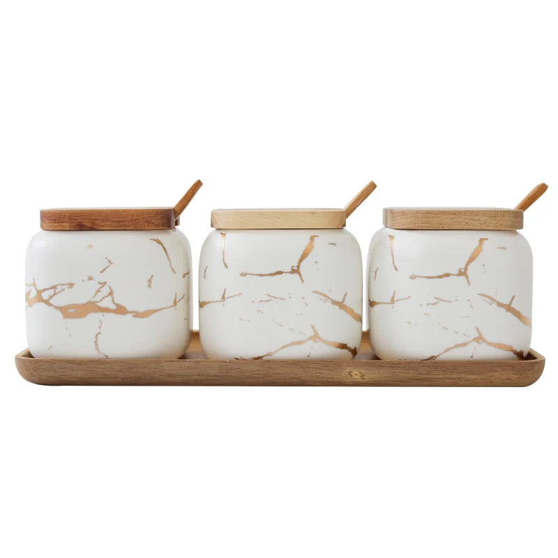 Luxury Nordic Style Marble Pattern Ceramic Kitchen Seasoning Tank Set Wooden Cover Salt Shaker Spice Jar Kitchen Accessories